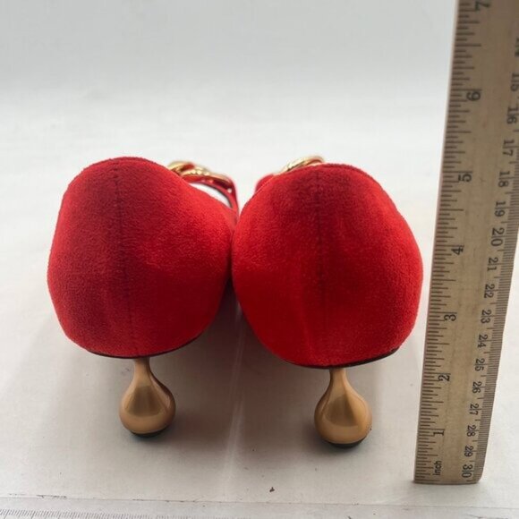 XYD Red-suede Low Heel Pointed Toe Pumps with Metal Chain Solid Golden Heel Shoe